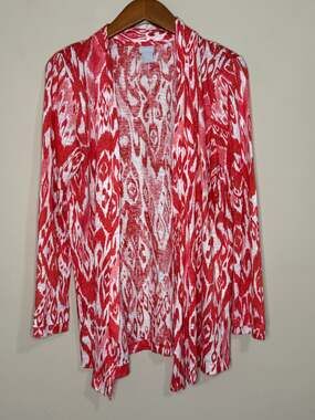 Chico's Ikat Open Front Cardigan Sweater Women's Size 0 Small Red 100% Linen